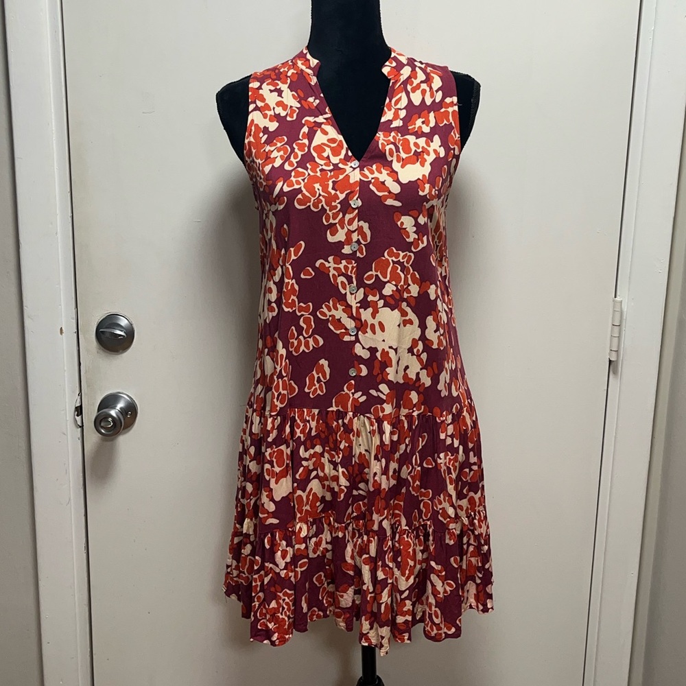 Women's Nine West Button Front Ruffle Hem Maroon Floral Dress Medium
